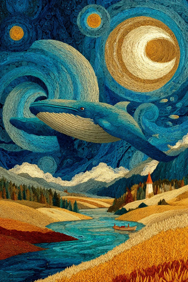 Painting night sky stars moon clouds water boat trees mountains fields crops texture whimsical fantasy dreamlike imagination A large blue whale is soaring through a night sky filled with swirling blue and yellow patterns, resembling a starry night. The whale's body is textured with a woven or knitted appearance, giving it a unique, almost fabric-like quality. Below the whale, a serene river flows through a lush landscape, with a small boat gently bobbing on the water. In the distance, a small tower stands out against the back of a golden field, surrounded by trees. The sky is adorned with a large, golden moon and two smaller yellow moons, adding to the mystical atmosphere of the scene.