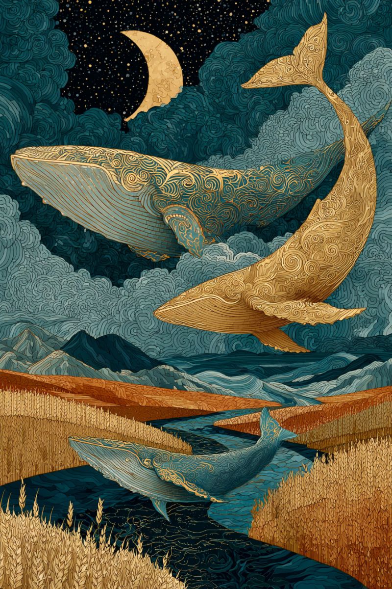 Baleine nuit ciel lune nuages eau riviere montagnes herbe nature etoiles dore bleu Scène de nuit sereine avec trois baleines nageant gracieusement dans le ciel. Les baleines sont ornées de motifs dorés complexes, ajoutant une touche d'élégance à leurs formes. Le ciel est d'un bleu profond, parsemé d'étoiles et d'une lune croissante, créant une atmosphère tranquille et mystique. Sous les baleines, une rivière coule doucement à travers un paysage de champs de blé doré et de montagnes lointaines, le tout baigné dans la douce lueur du ciel nocturne.