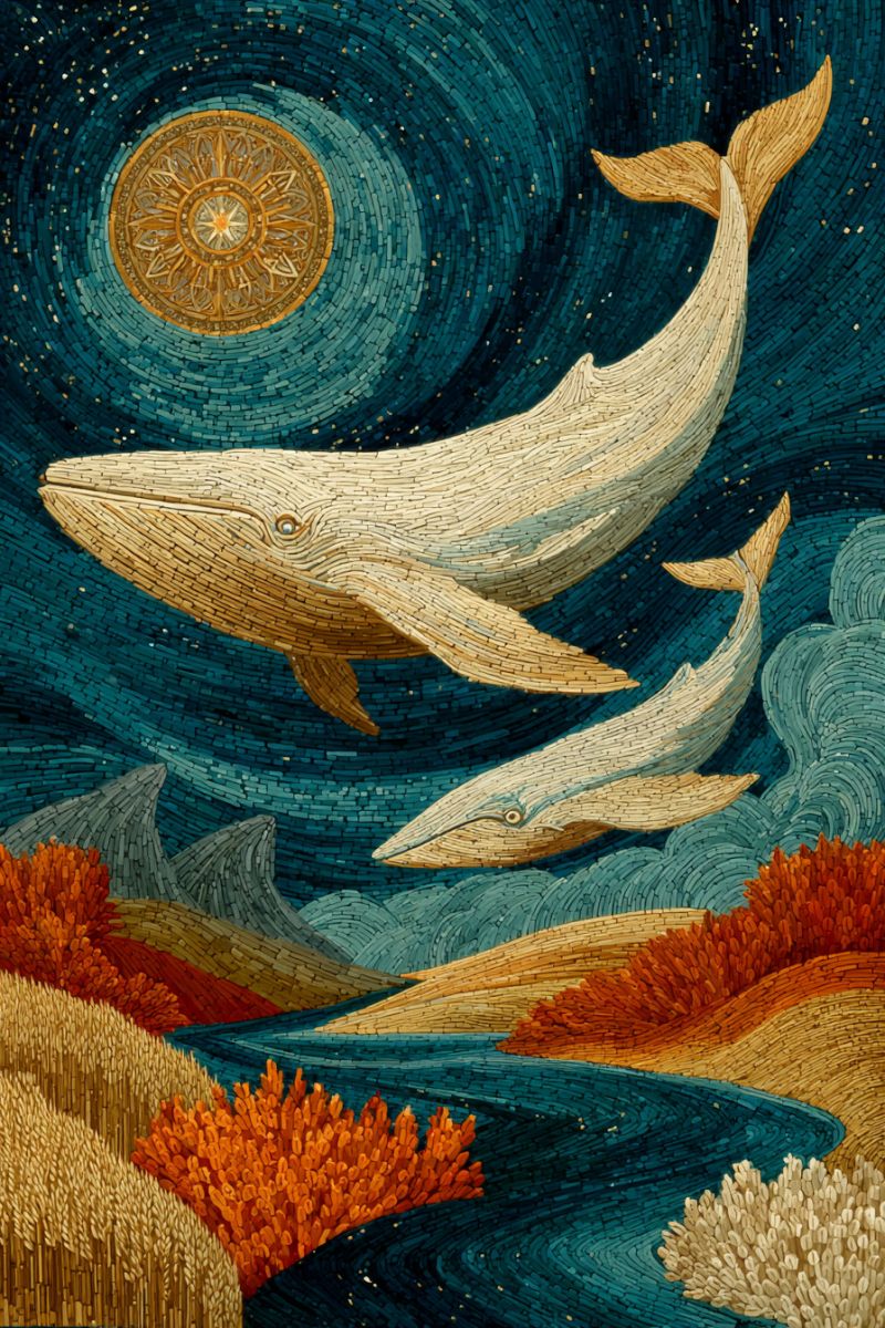 Baleine mosaique ocean nuit ciel lune etoiles eau vagues corail recif plage mer poisson sous marin nature faune L'image présente deux baleines nageant gracieusement dans l'océan, avec en arrière-plan un ciel nocturne rempli d'étoiles. Les baleines sont représentées dans un style mosaïque, avec des détails complexes dans leurs textures et motifs. La plus grande baleine est positionnée au-dessus de la plus petite, toutes deux faisant face dans la même direction. L'océan est d'un bleu profond, et le ciel au-dessus est un mélange de bleu foncé et d'or, avec un motif doré circulaire au centre. Le fond océanique est orné de récifs coralliens et d'algues, ajoutant à la scène sous-marine. La composition globale est sereine et captivante, mettant en valeur la beauté de la vie marine et du ciel nocturne.