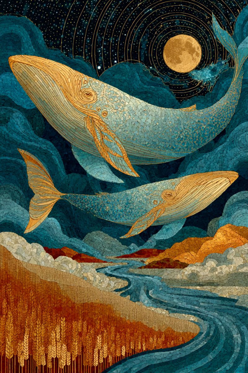 Whales night moon stars sky water river painting mosaic texture pattern nature animals fantasy dreamlike surrealism Two whales are swimming gracefully in the night sky, their bodies depicted in a mosaic style with blue and gold colors. The whale on top has a serene expression, while the one below appears to be looking upward. The night sky is filled with stars and a bright full moon, adding a magical touch to the scene. Below the whales, a river flows through a landscape of golden wheat fields and distant hills, creating a harmonious blend of nature and celestial elements.