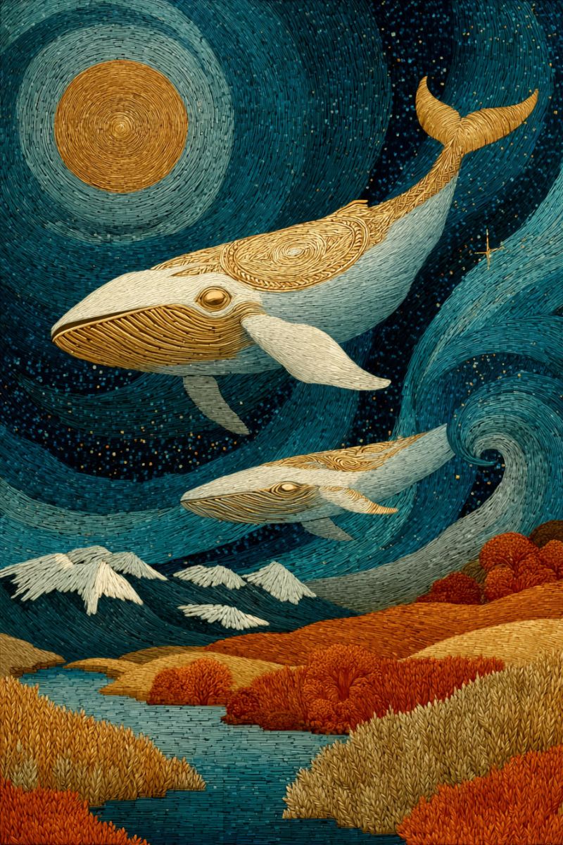 Painting nature water mountain river forest sky sun moon stars clouds trees grass flowers birds animals whales two whales swimming gracefully in the night sky, surrounded by a vibrant and textured background. The whales are intricately detailed, with golden and white patterns on their bodies, and their tails are spread wide as they glide through the air. The sky is a deep blue, adorned with swirling patterns and dotted with stars, creating a sense of depth and movement. Below the whales, there is a serene landscape featuring a river, mountains, and a variety of autumnal colors, including oranges, reds, and browns. The overall scene is rich in texture and detail, with a harmonious blend of natural and fantastical elements.