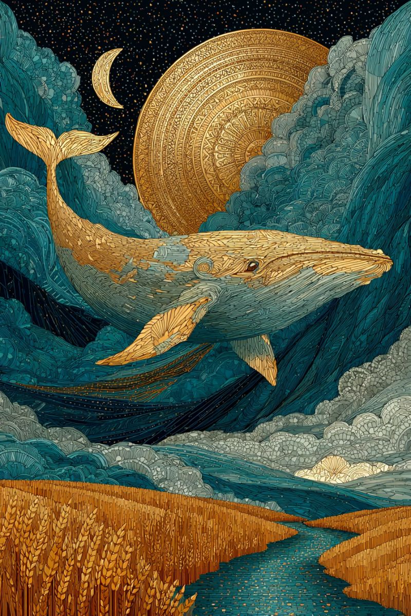 Baleine nuit ciel lune soleil eau nuages nature mer ocean vagues plage coucher etoiles dore heure Une grande baleine aux teintes dorées saute gracieusement hors de l'eau, son corps s'arc-boutant vers le haut. La nageoire caudale de la baleine est largement déployée, et sa tête est légèrement tournée sur le côté. L'arrière-plan présente un objet circulaire doré avec des motifs complexes, ressemblant à un soleil ou à un bouclier. Le ciel est sombre, parsemé d'étoiles, et il y a un croissant de lune dans le coin supérieur gauche. L'eau sous la baleine est d'un bleu profond, avec des vagues et des ondulations qui ajoutent de la texture. En bas à gauche, il y a un champ de blé doré, et une rivière le traverse, reflétant le ciel et l'objet doré au-dessus.