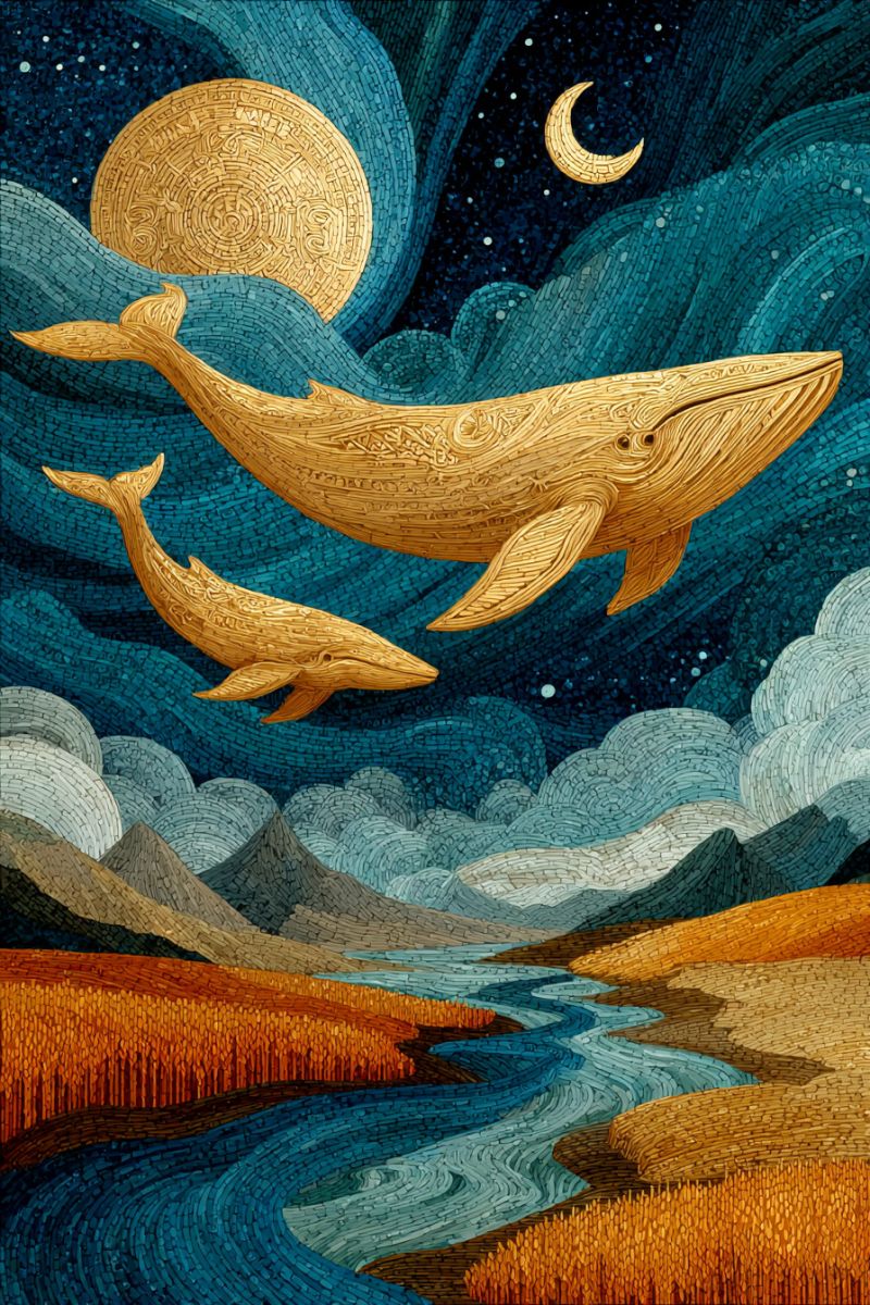 Painting whale dolphin night sky moon crescent water river mountains trees grass texture pattern mosaic golden blue Two golden whales soar gracefully through a night sky, their bodies intricately detailed with patterns. The larger whale is positioned above the smaller one, both facing left. The sky is a deep blue, adorned with swirling clouds and dotted with stars. A golden sun and a crescent moon are prominently displayed, adding to the celestial theme. Below, a river meanders through a landscape of golden hills and brown grasses, creating a serene and mystical scene.
