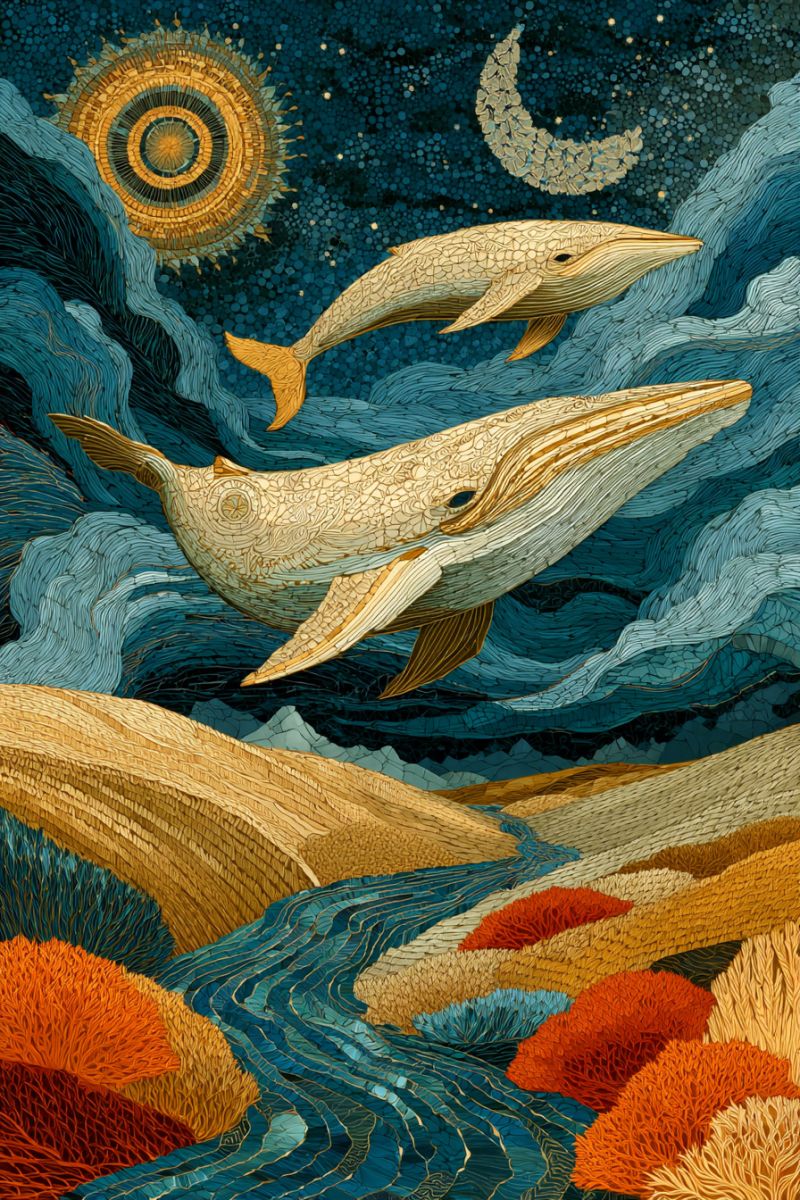 Whale ocean sea water night sky moon sun river beach coral reef Two whales swim gracefully in a deep blue ocean, their bodies adorned with intricate golden patterns. The whale in front has a large, open mouth, while the one behind it has its mouth closed. The ocean is dotted with small, sparkling stars, and the sky above is a deep blue with a crescent moon and a sun-like circle. The background features a blend of orange and brown hues, creating a warm and inviting atmosphere. The overall scene is rich in detail and color, evoking a sense of wonder and tranquility.