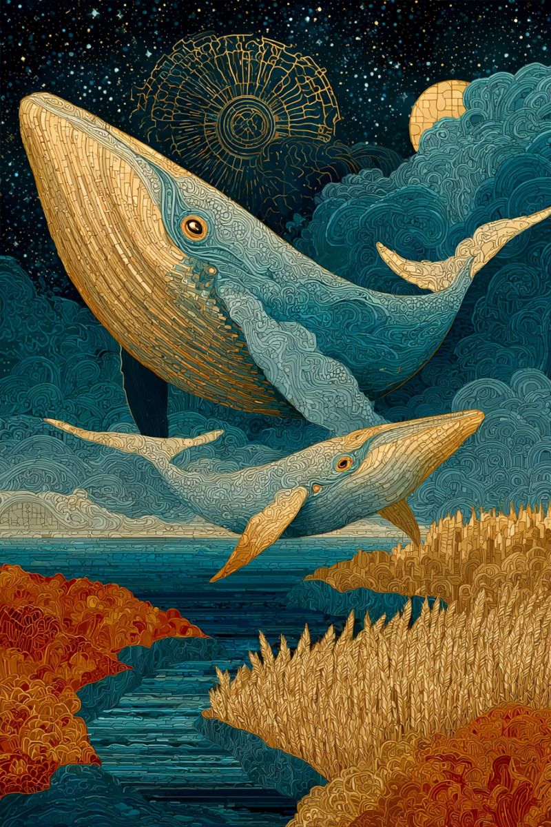 Baleine nuit ciel eau ocean mer lune nuages etoiles nature fantaisie reve geometrique texture Deux baleines nagent dans l'océan sous un ciel nocturne étoilé. La baleine la plus grande nage au-dessus de la plus petite, toutes deux avec la bouche ouverte. Le ciel est rempli d'étoiles, et il y a une grande structure dorée semblable au soleil en arrière-plan. L'océan est d'un bleu profond, et il y a quelques plantes et rochers au fond. La scène générale est très paisible et sereine.