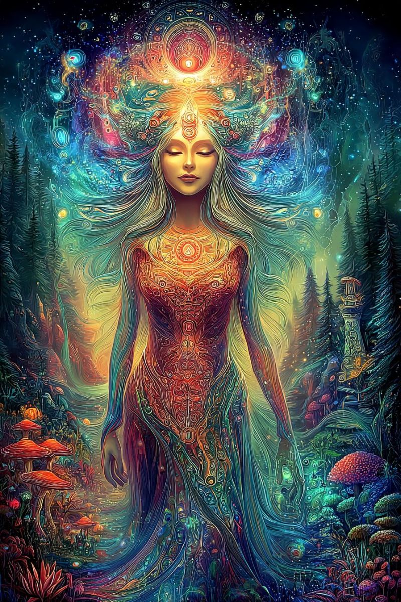 Femme fantaisie visage yeux soleil foret arbres champignons fleurs nature Une femme vibrante et mystique se tient dans une forêt luxuriante et colorée. Ses longs cheveux fluides sont ornés de motifs complexes et de tourbillons de lumière. Elle porte une robe qui mêle des nuances de rouge, d'orange et de jaune, avec un emblème circulaire lumineux sur sa poitrine. Ses yeux sont fermés, et elle semble être dans un état de profonde méditation ou de transe. L'arrière-plan est un kaléidoscope de couleurs, avec des arbres, des champignons et des sphères lumineuses dispersées autour d'elle. Le ciel au-dessus est une nuit profonde et étoilée, avec une source de lumière circulaire brillante illuminant la scène.