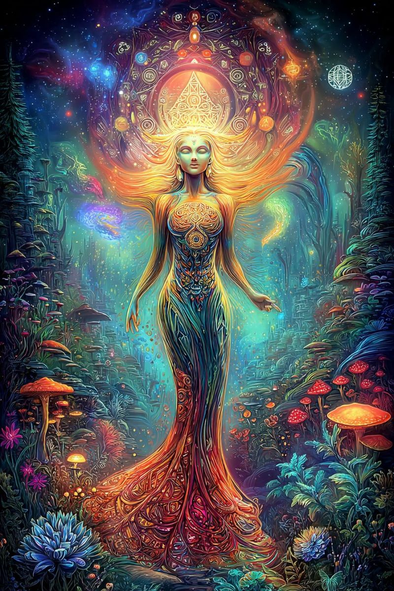 Woman fantasy magic forest nature flowers mushrooms trees plants glow stars universe cosmos dreamlike surrealism psychedelic colorful A vibrant, mystical painting depicts a tall, ethereal woman standing in a lush, magical forest. She has long, flowing golden hair and a serene expression. Her body is adorned with intricate, colorful patterns that seem to glow. She wears a flowing, multicolored dress that transitions from deep blues and greens at the top to warm oranges and reds at the bottom. Above her head, there is a circular, glowing design with various symbols and a central triangle. The background is filled with a variety of colorful mushrooms, flowers, and plants, creating a fantastical, otherworldly atmosphere. The sky above is a deep, starry night with hints of cosmic elements.