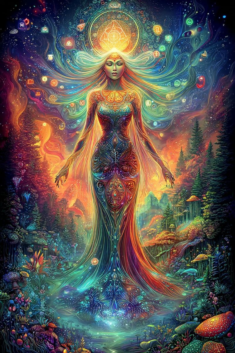 Fantasy woman magic forest nature watercolor colorful dream fire trees plants mushrooms flowers sky stars aura In the center of the image stands a tall, ethereal figure with long, flowing hair that cascades down to the ground. The figure's body is adorned with intricate, colorful patterns that resemble a dress, with a glowing aura around it. The figure's face is serene, with closed eyes and a gentle expression. The background is a vibrant, psychedelic landscape filled with a variety of plants, trees, and mushrooms in various colors. The sky above is a deep blue, with a circular pattern of stars and other celestial bodies. The overall effect is one of otherworldly beauty and tranquility.
