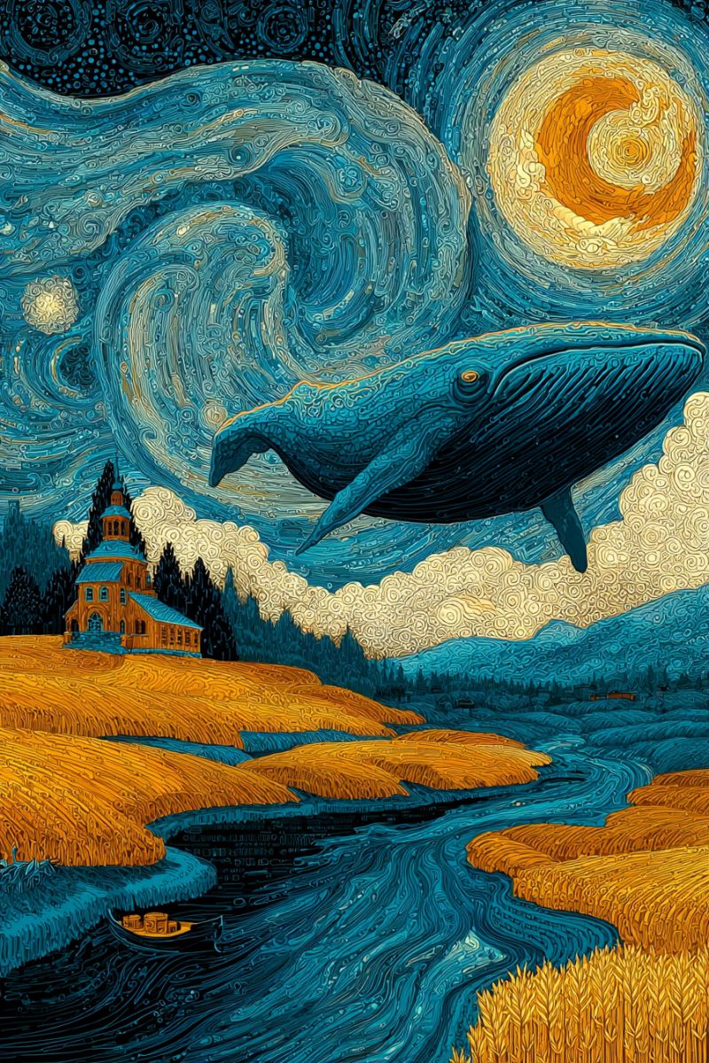 Baleine nuit ciel eau bateau maison arbres colline champ grain lune etoiles nuages tourbillon spirale Paysage surréaliste avec une grande baleine bleue s'élevant au-dessus d'une campagne sereine. Le ciel est peint de motifs tourbillonnants et étoilés rappelant 