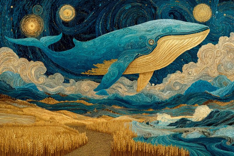 Nuit ciel etoiles lune nuages eau vagues ocean plage collines arbres foret montagnes vallee prairie champs recoltes Une grande baleine bleue bondit gracieusement hors de l'eau, son corps se pliant vers le haut avec sa queue et ses nageoires largement écartées. Le ciel au-dessus est d'un bleu profond, orné de motifs tourbillonnants rappelant 