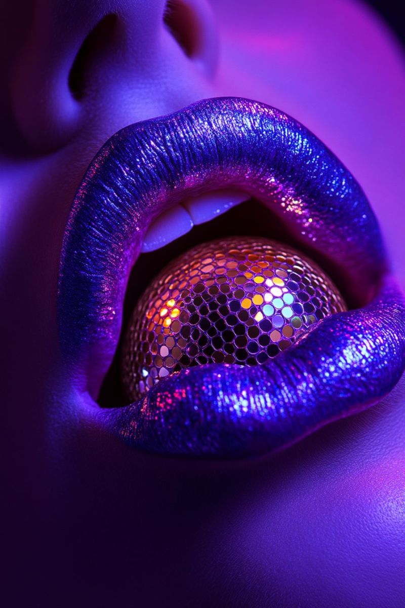 Purple lipstick glittery makeup genderless lips tongue colorful cosmetic vivid hue fashionable beauty trend Purple lipstick glittery makeup genderless lips tongue colorful cosmetic vivid hue fashionable beauty trend