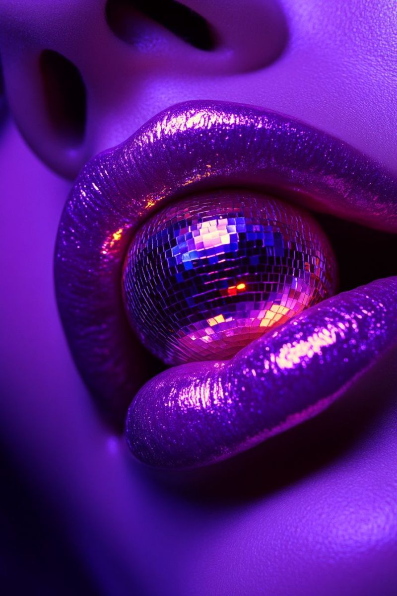 Lipstick makeup glitter cosmetic beauty colorful disco ball purple glam a close-up of a person's face with a unique, artistic touch. The person is wearing a vibrant purple lip gloss or paint that accentuates their lips and cheek area, giving a very bold and eye-catching look. The individual appears to be making a dramatic statement or gesture with their mouth, possibly as part of a performance, art piece, or fashion expression. In the center of the image, there's a shiny disco ball that stands out against the purple background, adding a fun and glamorous vibe to the composition. The lighting in the photo is moody and atmospheric, with a cool tone dominating the scene, which contributes to the edgy and stylish aesthetic of the image. The image has an abstract quality to it, with distorted features that blend into each other, creating an almost surreal effect. This distortion adds an element of intrigue and might be intended to challenge traditional expectations of facial features or beauty standards.