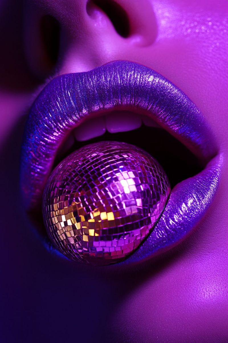 Disco ball purple lipstick glittery makeup funky fashion vivid cosmetic neon lighting female lips inside you can perceive a person's face with their lips parted, allowing you to see their teeth. The individual has a large bubblegum bubble in their mouth, which is pink and reflective, possibly indicating it contains something bubbly or viscous. The gum bubble appears to have a metallic sheen on its surface. Surrounding the face of the person are various purple lights that create an atmospheric glow around the subject's head and neck area. The background is dark, which contrasts with the vibrant lighting and color effects in the image, making it visually striking. There is no visible text within the image itself.