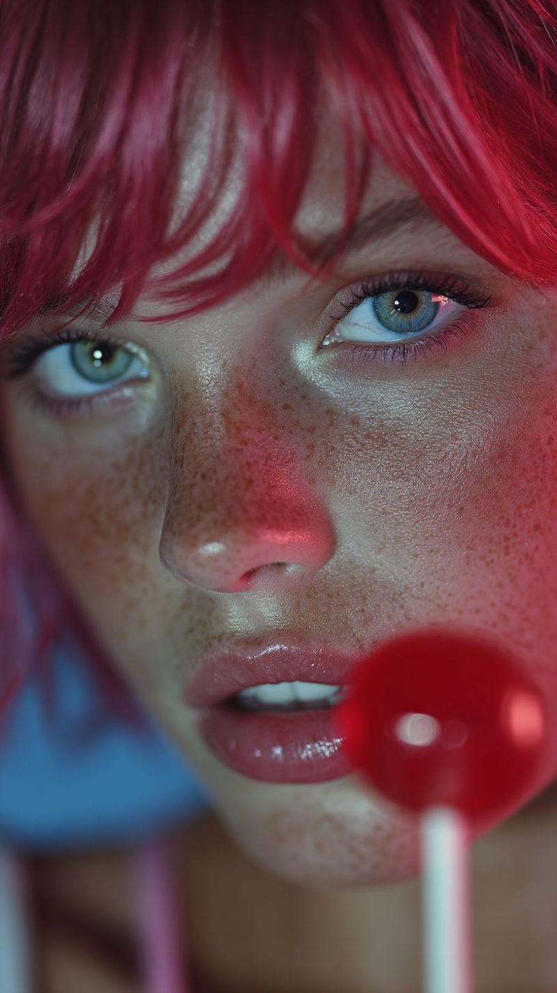 Freckles eye lips nose cheek skin eyelash eyebrow candy red cane stick A close-up portrait of a woman with vibrant red hair styled in a messy, wavy manner. Her face is adorned with freckles, and she has striking blue eyes with long, dark lashes. She is holding a red lollipop, which is partially obscuring her lower face. The background is blurred, and the lighting highlights her features, giving the image a soft, dreamy quality.