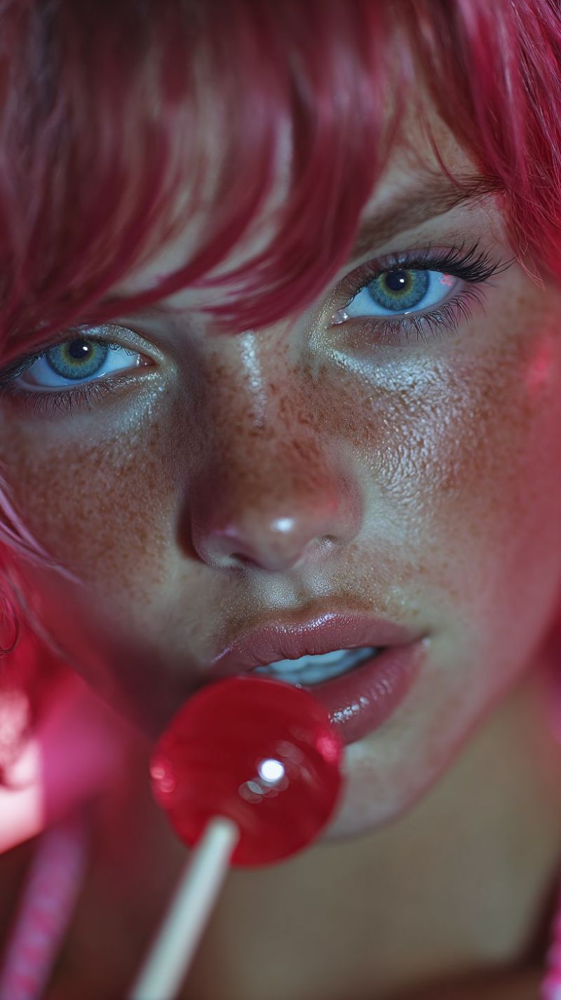 Red eye lips mouth freckles skin reflection candy smile beauty fashion makeup A close-up portrait of a woman with red hair and freckles. She has bright blue eyes with long lashes and is holding a red lollipop in her mouth. Her lips are slightly parted, and she has a slight smile. The background is blurry, and the focus is on her face and the lollipop.