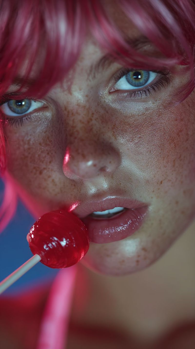 Taches rousseur bonbon sensuel joues peau ombre bouche cils sourcils rouge sucette rose bleu yeux texture Un portrait rapproché d'une femme aux cheveux roux et aux taches de rousseur. Elle a une sucette rouge dans la bouche et ses lèvres sont légèrement entrouvertes. Ses yeux sont bleus avec de longs cils, et elle a un grain de beauté sur la joue. L'arrière-plan est flou, et il y a une source de lumière qui illumine son visage.