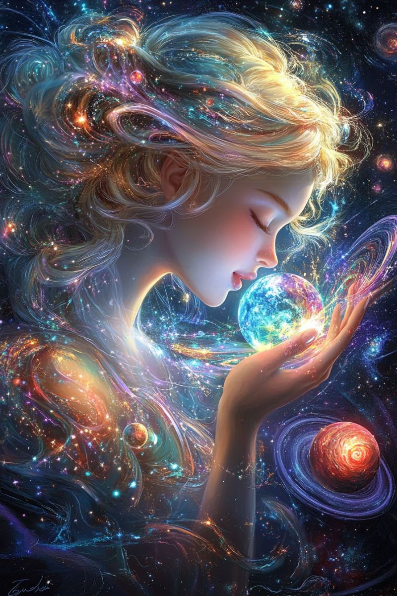 Girl space planet universe fantasy cosmic star galaxy celestial dream imagination colorful hair hand A young woman with long, wavy blonde hair is depicted in a cosmic setting. She is holding a glowing, multicolored sphere in her hands, which seems to be the Earth, with a mix of blue, green, and pink hues. Her eyes are closed, and she appears to be in a state of deep thought or meditation. The background is filled with swirling galaxies, stars, and nebulae in various colors, including purple, blue, and orange. The overall atmosphere is mystical and ethereal, with a sense of wonder and exploration.
