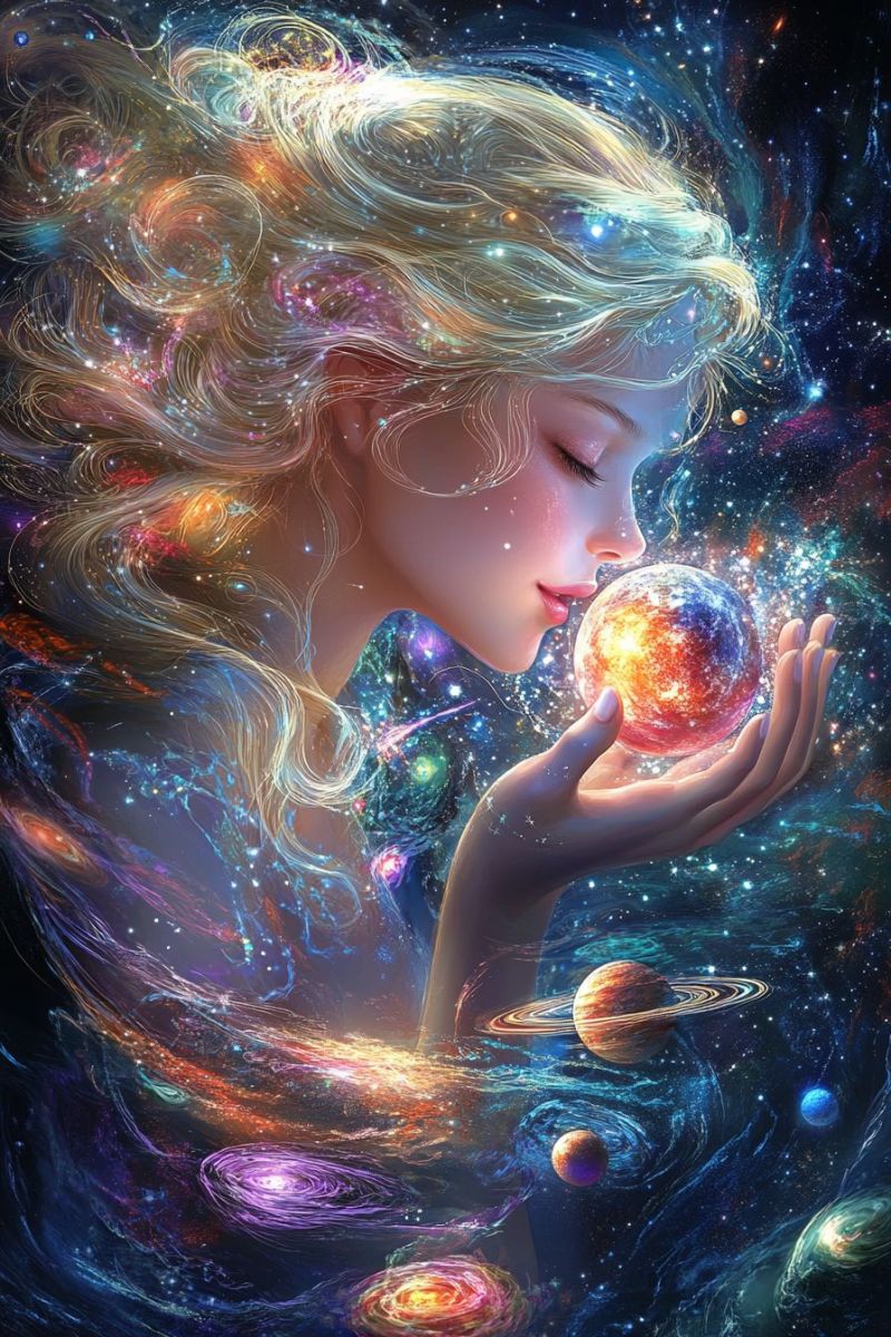 Woman space planet universe galaxy star cosmos fantasy colorful dream imagination beauty hair hand A woman with long, wavy blonde hair is depicted in a cosmic setting. She is holding a glowing sphere in her hands, which seems to be a planet. Her eyes are closed, and she appears to be in a state of deep contemplation or meditation. The background is filled with various celestial bodies, including planets, stars, and nebulae, all rendered in vibrant colors. The overall atmosphere is mystical and otherworldly, with a sense of vastness and wonder.