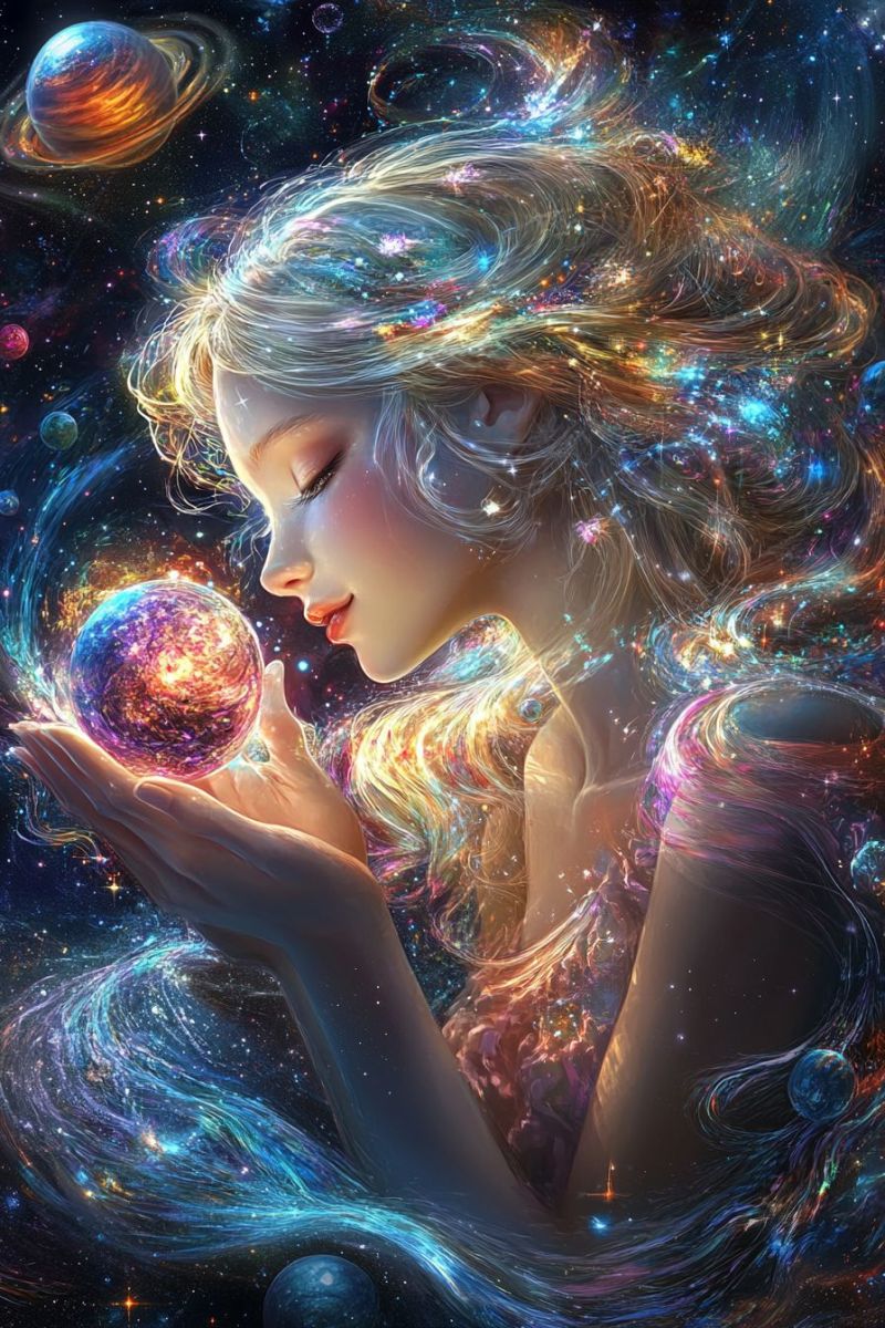 Woman space fantasy planet universe star galaxy cosmos dream imagination magic hair beauty A woman with long, flowing hair is holding a glowing orb in her hands. She is looking down at the orb, which is filled with swirling colors and patterns. Her hair is illuminated by the light from the orb, and it appears to be floating in space. The background is filled with stars, planets, and other celestial bodies. The woman's face is illuminated by the light from the orb, and she appears to be in a state of deep concentration or meditation.