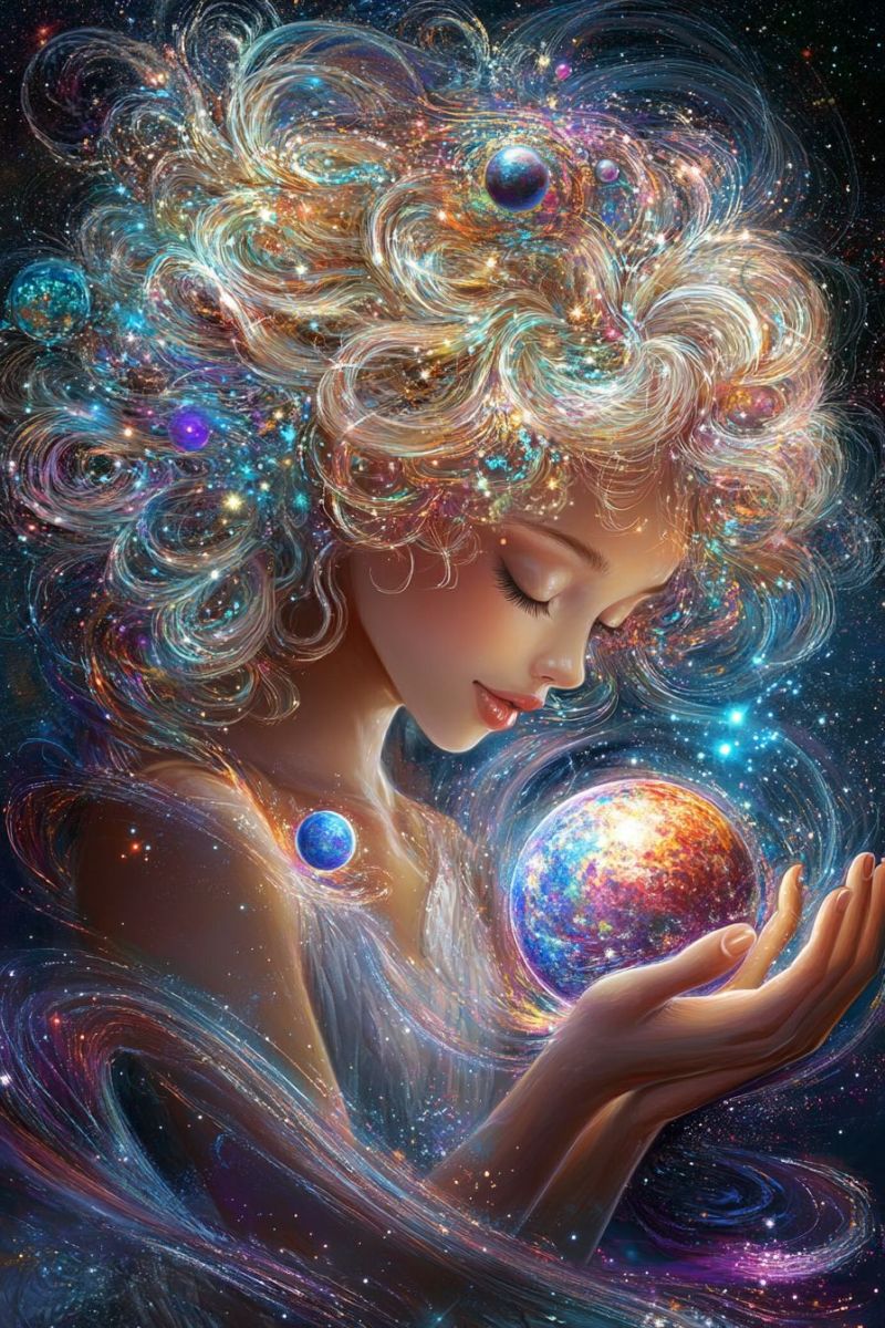Woman galaxy universe space planet star cosmos fantasy colorful dream imagination beauty hair eyes A woman with curly blonde hair is holding a large, colorful sphere in her hands. The sphere is filled with swirling colors and patterns, resembling a galaxy or a nebula. Her hair is adorned with small, glowing orbs that seem to be stars or planets. She is wearing a flowing, ethereal dress that blends with the cosmic background. The background is a deep, dark space filled with stars, galaxies, and cosmic dust, creating a sense of vastness and wonder. The woman's face is serene, with her eyes closed, as if she is lost in thought or deep in meditation.
