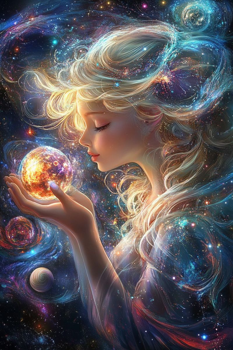 Woman space galaxy planet universe star fantasy cosmic celestial dream imagination beauty hair A woman with long, wavy blonde hair is holding a glowing sphere in her hands. She is looking down at the sphere, which is filled with swirling colors of orange, yellow, and purple. Her hair is flowing and seems to be merging with the cosmic background. The background is filled with stars, galaxies, and nebulae in various colors, including blue, purple, and red. The woman's face is illuminated by the light from the sphere, and her eyes are closed.