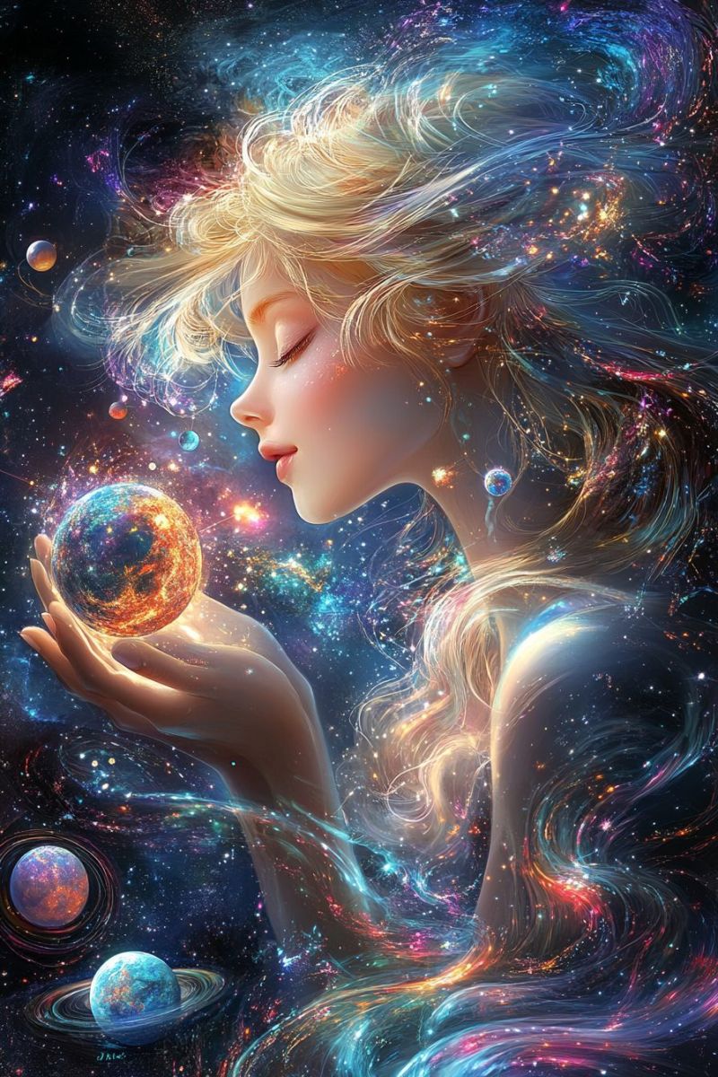 Woman space planet universe galaxy star cosmos fantasy dream imagination colorful hair eyes A woman with long, wavy blonde hair is depicted in a cosmic setting. She is holding a glowing, multicolored sphere in her hands, which seems to be a planet or a star. Her hair is flowing and illuminated by various colors, blending with the starry background. She is looking down with her eyes closed, appearing to be in a state of deep thought or meditation. The background is filled with stars, planets, and nebulae, creating a vibrant and mystical atmosphere.