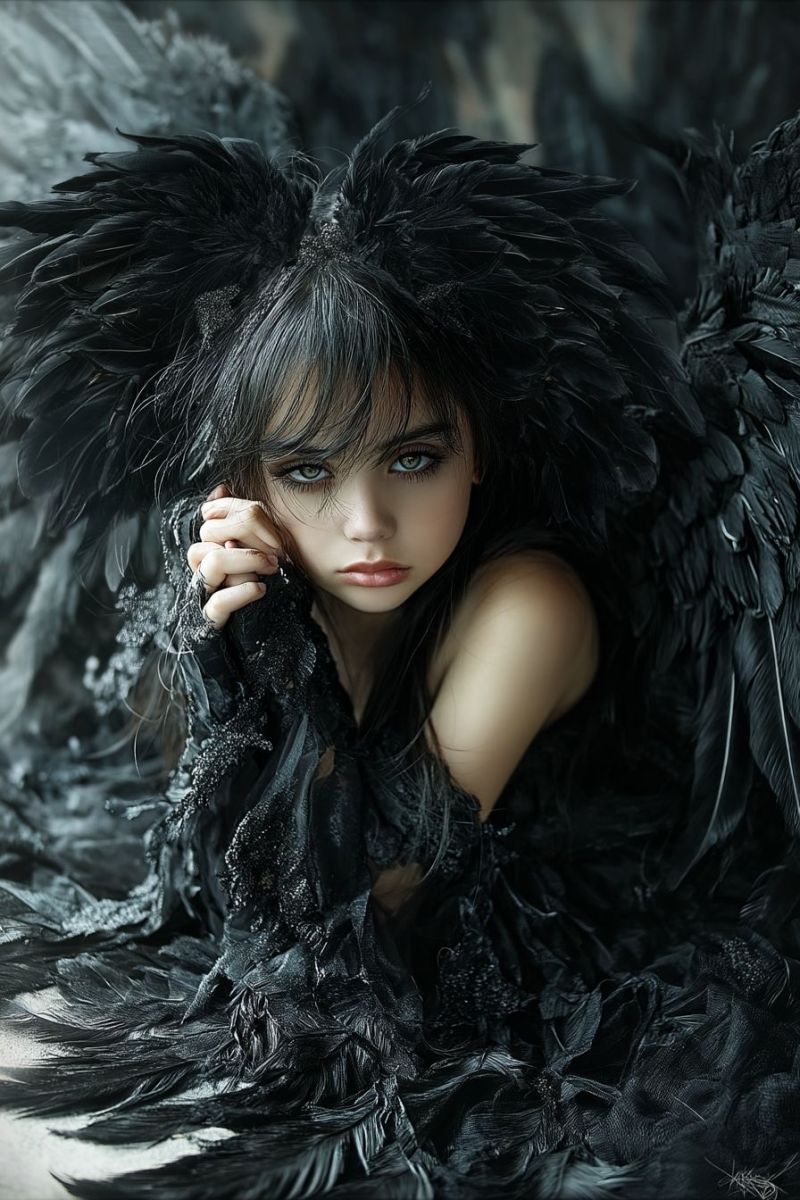 Girl feathers wings hair dress hand eye lips smile dark fashion beauty costume A young woman with long, straight black hair is lying on a white surface, possibly a bed or a floor. She is wearing a black, feathery costume that covers her body and has a high collar. The costume has a design that resembles wings, with feathers extending from her shoulders and back. She is holding her chin with her left hand and has a serious expression on her face. Her eyes are green, and she has a mole on her right cheek. The background is dark, and the lighting is focused on the woman.