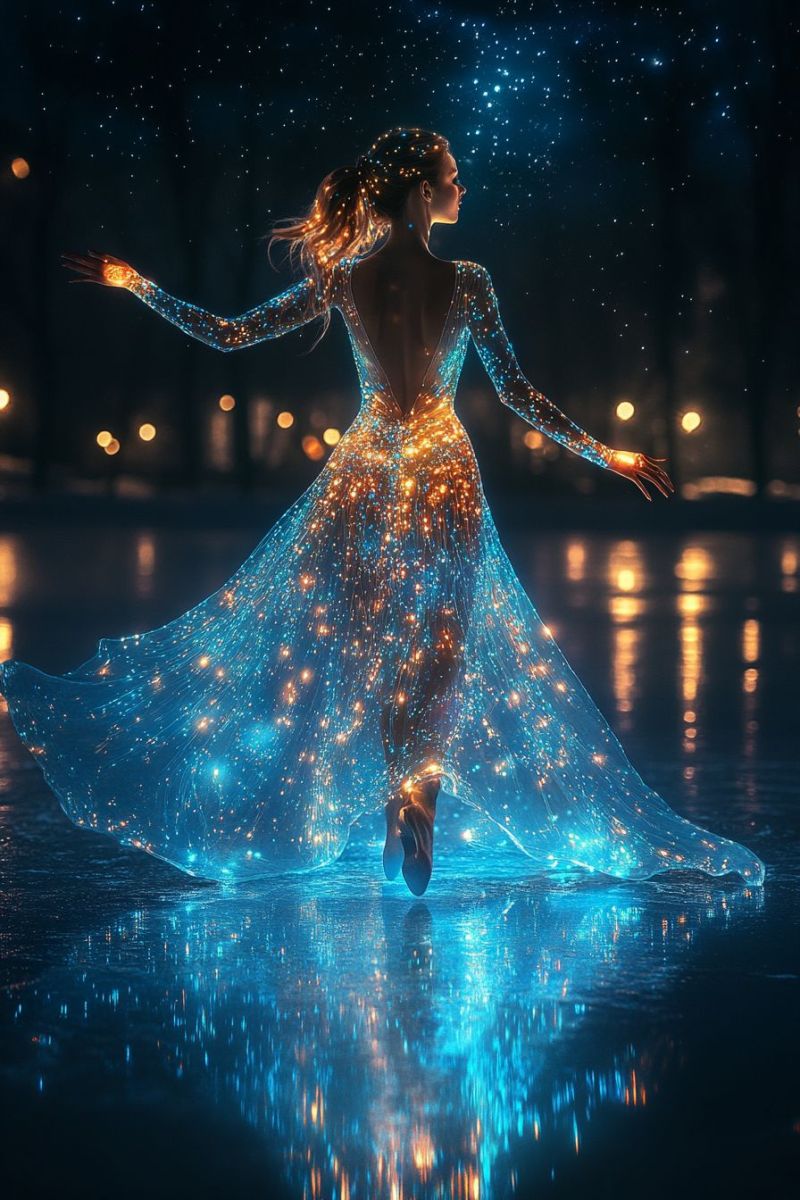 Balleuse cosmique ciel etoile brillant futuriste ballerine maquillage celeste bleu stellaire tissu neon spatial danseuse Scène fantastique. Personne en mouvement, qui semble danser ou se faire préparer. Elle est illuminée par des lumières bleues et blanches éblouissantes qui ressemblent à un modèle cosmique ou nébuleuse, donnant l'impression de diamants ou d'autres phénomènes célestes en état de lune. La personne porte une robe légère avec des éléments brillants qui harmonisent avec la lumière environnante et elle a des cheveux longs qui coulent autour d'elle. Le fond suggère un cadre urbain la nuit avec des réflexions sur ce qui semble être un lac ou un corps d'eau. La composition globale et les effets de lumière donnent l'image une qualité surreelle et magique.