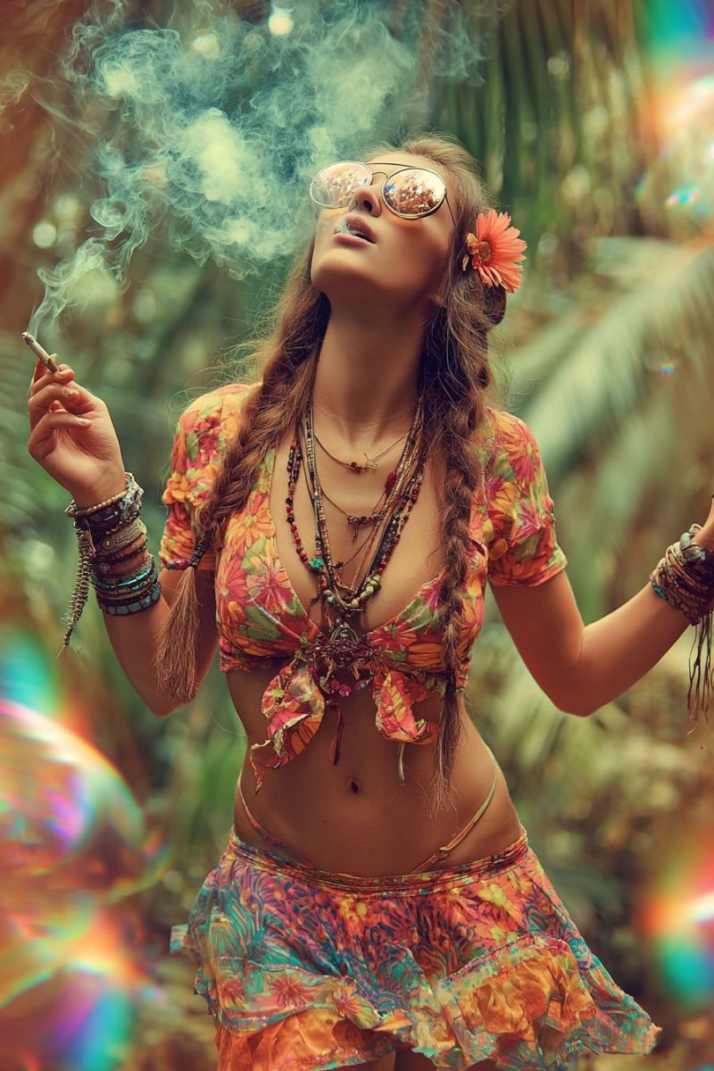 Femme cigarette fumer fleuri robe collier bracelet boucle oreille fleur lunettes soleil main doigt oeil regard plante fumee Une femme aux cheveux longs et ondulés se tient dans une forêt luxuriante et verte. Elle porte un débardeur coloré à motifs floraux et une jupe assortie. Elle a une fleur dans ses cheveux et tient une cigarette dans sa main droite, avec de la fumée qui s'élève autour d'elle. Elle porte également des lunettes de soleil, plusieurs colliers et des bracelets. L'arrière-plan est flou, avec un mélange de vert et de teintes colorées.