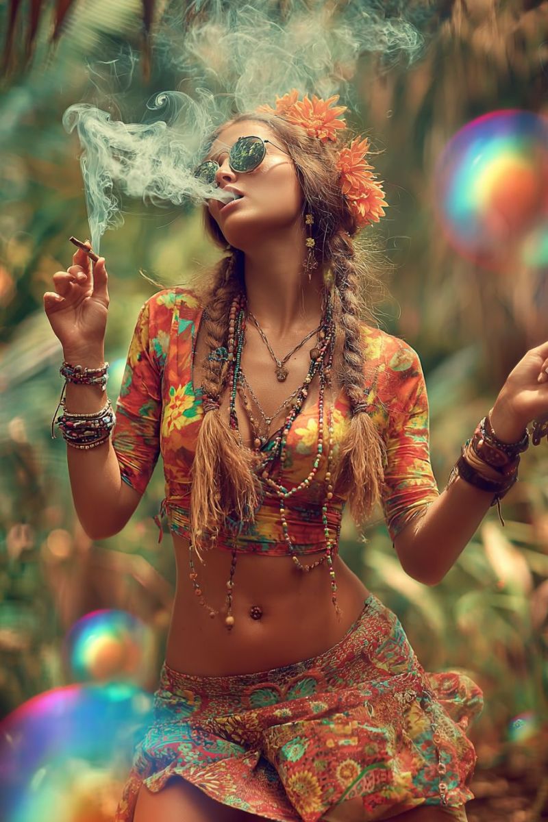 Woman smoking cigarette sunglasses flowers necklaces bracelets earrings outfit skirt plants smoke accessories jewelry fashion A woman is sitting in a lush, green forest, exhaling smoke from a cigarette. She has long, wavy hair adorned with orange flowers and is wearing a colorful, patterned top with a low neckline. Her arms are extended, and she holds the cigarette in her right hand. She wears multiple beaded necklaces and bracelets, and her attire includes a patterned skirt. The background is blurred, with vibrant colors and a surreal, dreamlike quality.