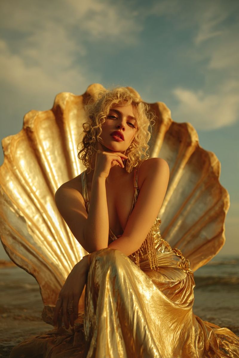Woman beach seashell dress posing fashion outdoors evening elegance glamour luxury beauty curly red lipstick golden A woman with curly blonde hair is sitting on a large golden shell on a beach. She is wearing a gold metallic dress with a deep neckline and gold chains. She has her hand on her chin and is looking to the side with a slight smile. The sky is blue with some clouds, and the ocean is calm in the background.