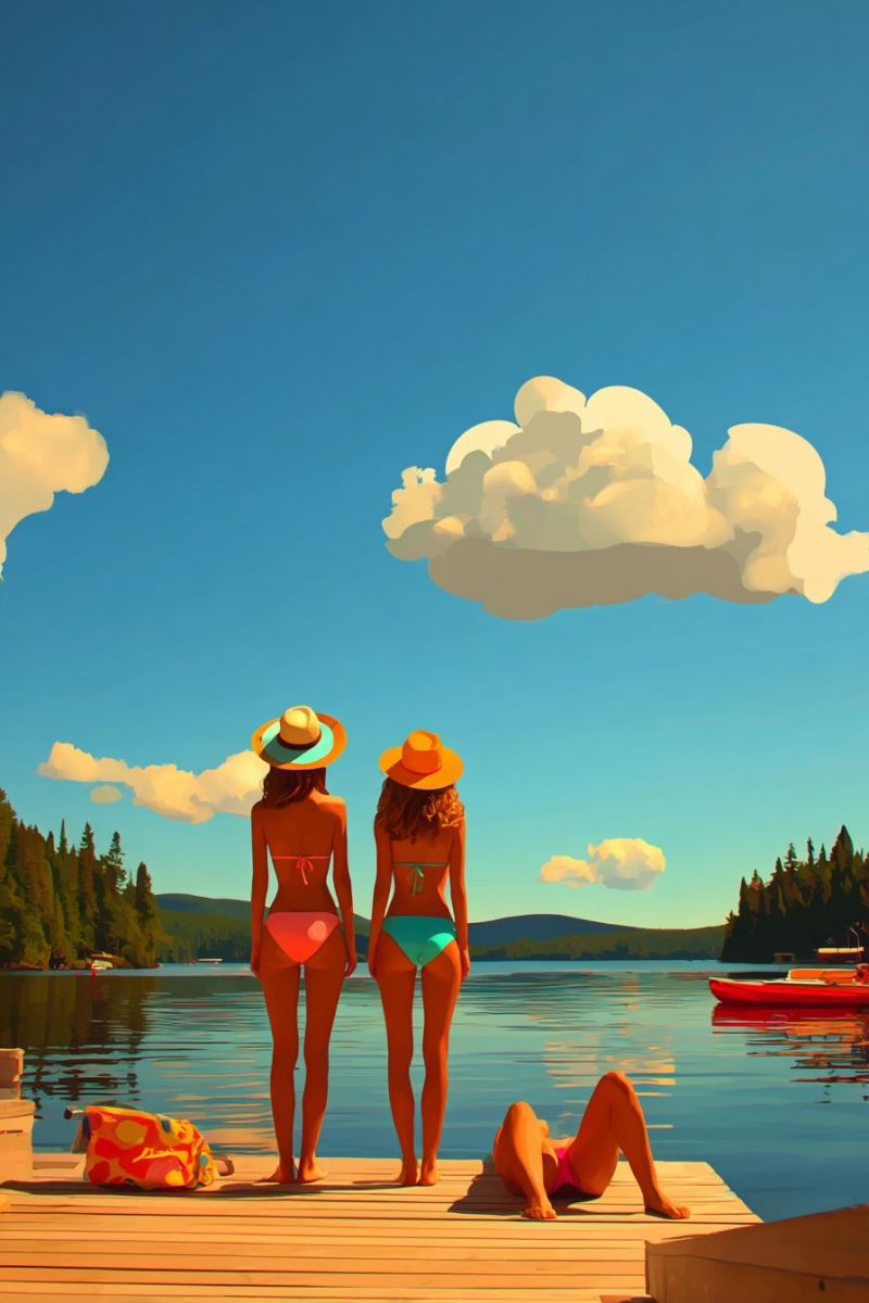 Lac bateau eau ciel nuage soleil rayon ensoleille jour temps Deux femmes en maillots de bain et chapeaux se tiennent debout sur une jetée en bois au bord d'un lac, face à l'eau. Une femme est allongée sur la jetée, se relaxant. Un sac coloré repose sur la jetée près des femmes debout. Au loin, un bateau rouge flotte sur le lac, et des arbres et des montagnes sont visibles. Le ciel est bleu avec des nuages éparpillés.