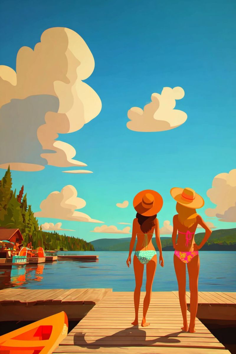 Lac bateau canoe canoeiste canoeistes Deux femmes se tiennent sur une jetée en bois au bord d'un lac, portant toutes deux des chapeaux à larges bords et des maillots de bain colorés. La femme sur la gauche porte un bikini vert et blanc, tandis que la femme sur la droite porte un bikini rose et blanc. Elles regardent l'eau calme, avec un petit bateau orange à proximité. Derrière elles, il y a des arbres et une petite maison sur le rivage, avec des montagnes au loin. Le ciel est bleu avec des nuages flous.