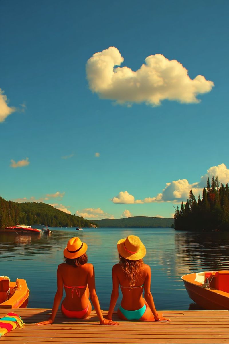 Lac bateau eau ciel nuage montagne arbre bois banc chapeau dos reflet soleil ensoleille air nature Deux femmes sont assises sur une jetée en bois, face à l'eau. Elles portent toutes les deux des bikinis et des chapeaux à larges bords. La femme sur la gauche porte un bikini rouge, tandis que la femme sur la droite porte un bikini vert. Elles regardent toutes les deux l'eau, qui est calme et reflète le ciel. Au loin, il y a des bateaux et une montagne avec des arbres. Le ciel est bleu avec quelques nuages.