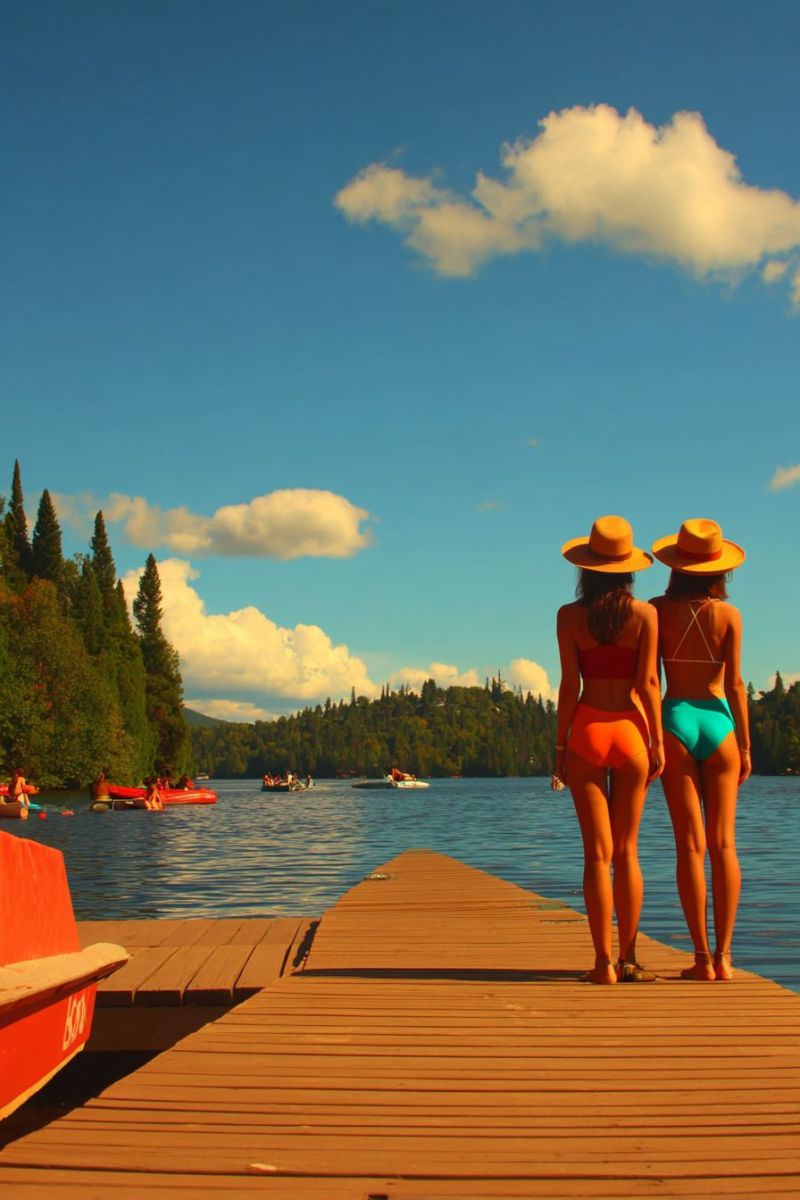 Lac bateau canoe canoeiste canoeistes Deux femmes se tiennent sur une jetée en bois, face au lac serein. Elles portent des chapeaux à larges bords assortis et des maillots de bain colorés, l'une en orange et l'autre en vert. Le lac est calme, avec plusieurs bateaux et personnes visibles au loin. Le ciel est bleu avec des nuages épars, et l'arrière-plan présente des arbres luxuriants et des collines. La jetée s'étend dans l'eau, et un bateau rouge est amarré sur le côté gauche.