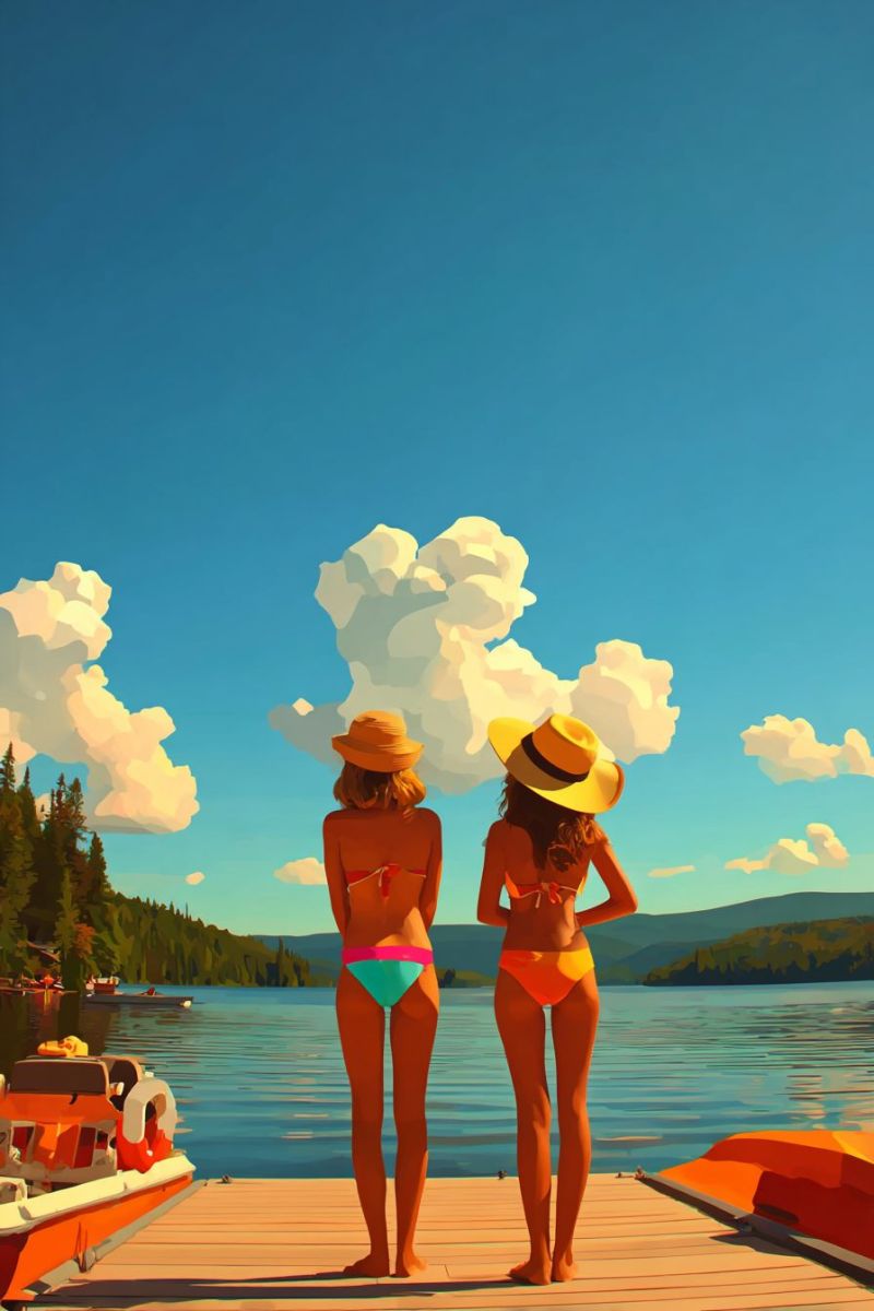 Painting lake boat water sky cloud mountain tree woman hat sun sunlight reflection summer vacation outdoors leisure Two women stand on a wooden dock by a serene lake, both wearing bikinis and straw hats. The woman on the left has a pink and green bikini, while the woman on the right wears a yellow bikini. They are both looking out at the calm water, with a boat docked nearby. The sky is blue with fluffy clouds, and in the distance, there are trees and mountains.