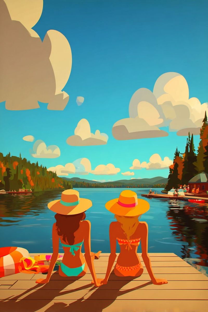 Lac bateau eau ciel nuage arbre montagne maison gens chapeau soleil bain maillot plage detente vacances Deux femmes sont assises sur une jetée en bois au bord d'un lac, portant toutes deux des chapeaux à larges bords. Elles font face au lac, le dos au spectateur. Une femme porte un bikini bleu et l'autre un bikini rouge. Il y a un bouée de sauvetage et une serviette sur la jetée près d'elles. En arrière-plan, il y a un petit bateau et une jetée avec des personnes. Le lac est entouré d'arbres et de montagnes, et le ciel est bleu avec des nuages blancs.