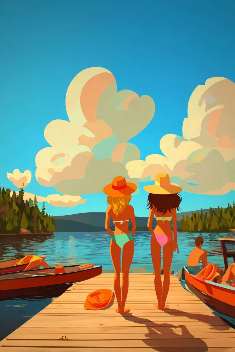 Painting lake water boat people woman hat beach sun sky cloud tree island mountain reflection summer vacation outdoors leisure Two women in swimwear and hats stand on a wooden dock by a lake, facing the water. One wears a green bikini, the other a pink one. Behind them, a man sits in a boat, and a lifesaver floats nearby. The lake is calm, with trees and mountains in the distance under a blue sky with fluffy clouds.