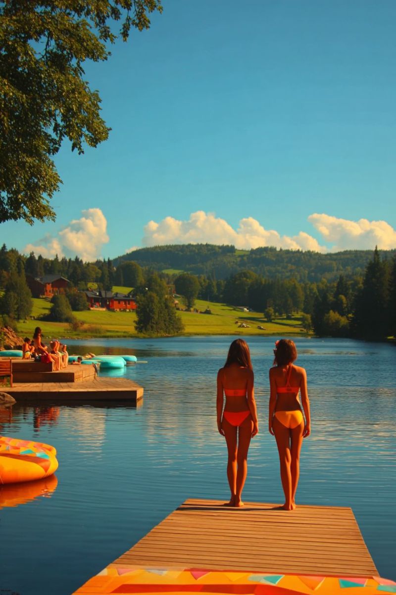 Lake water sky tree mountain people beach pool boat house cloud girl swimsuit bikini floater bench wood reflection pattern Two women in bikinis stand on a wooden dock overlooking a serene lake. The lake is calm with reflections of the sky and trees. In the background, there are several people lounging on blue inflatable floats. The landscape features lush green hills and mountains under a clear blue sky with scattered clouds. A tree with green leaves is on the left side of the dock, and there are buildings visible in the distance.