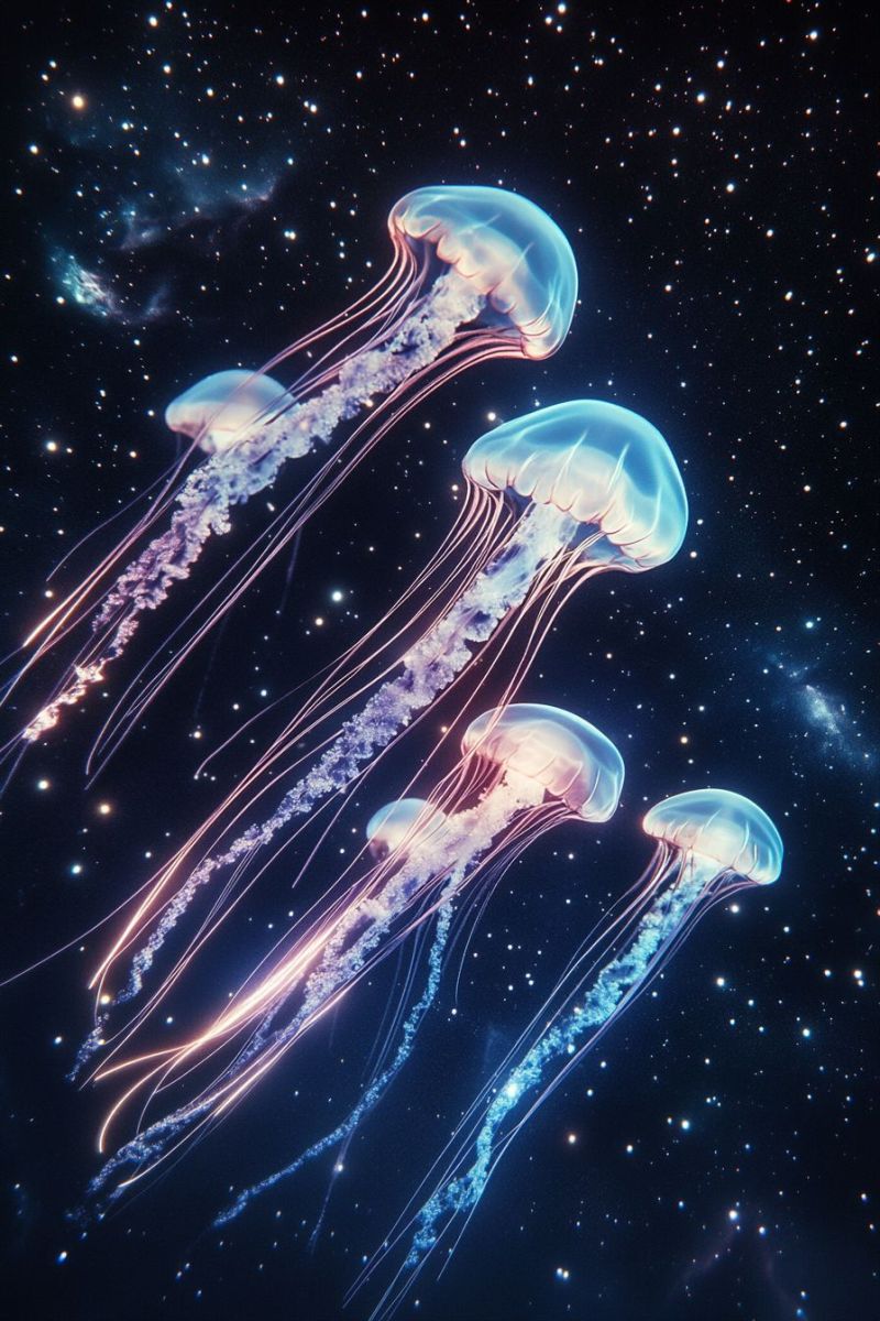 Space jellyfish oceanic creatures outer underwater sea cosmos aquatic life setting colorful floating ocean environment surreal marine The image shows three jellyfish floating in a starry space environment. Each jellyfish has a different coloration, with one being pink, another purple, and the third blue. They are set against a dark background that mimics the appearance of space, with stars visible around them. The jellyfish have long tails trailing behind them, which is typical for jellyfish in water as they use their tentacles to swim. There is no text present in the image.