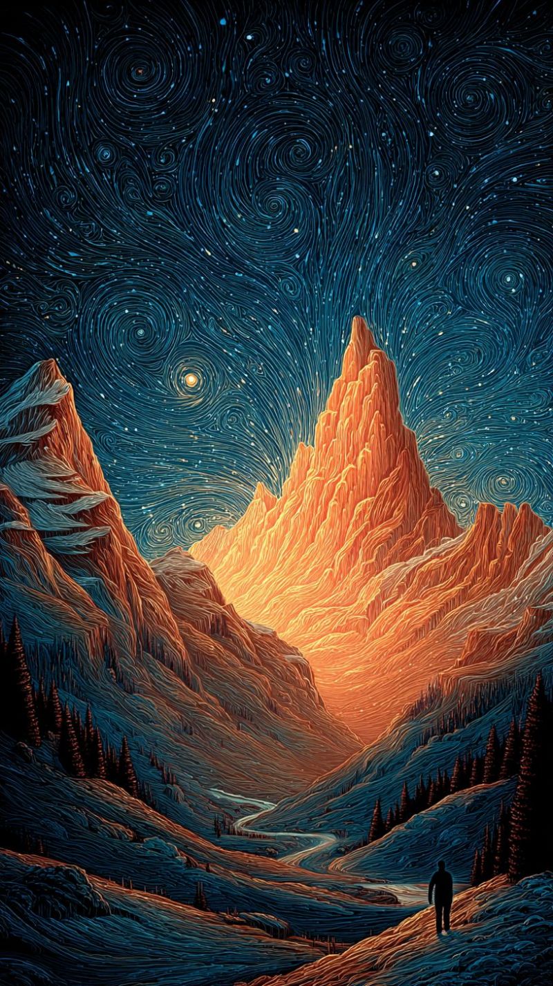 Mountain night sky stars painting valley trees river dark colorful nature outdoors mountainous landscape under a night sky filled with stars. The mountains are rugged and covered in snow, with a prominent peak in the center. The sky is a deep blue, adorned with swirling patterns of stars that create a mesmerizing effect. The stars are scattered throughout the sky, with some forming distinct patterns. The foreground shows a silhouette of a person standing on a rocky outcrop, gazing up at the sky. The mountains are illuminated by the soft glow of the stars, casting a gentle light on the landscape. The overall scene evokes a sense of awe and wonder, capturing the beauty of nature under the night sky.