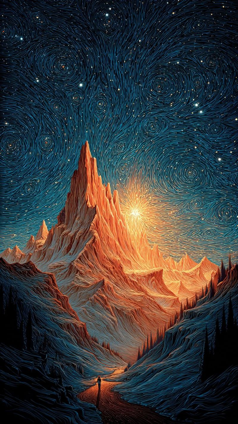 Mountain night sky stars sun painting colorful outdoors nature sunset glow shadow mountainous landscape under a night sky filled with stars. The mountains are jagged and steep, with a prominent peak in the center that is illuminated by a bright, warm light, possibly from the sun or a nearby fire. The sky is a deep blue, with swirling patterns of stars that create a sense of motion and depth. The foreground shows a narrow path or trail leading into the mountains, with a silhouette of a person standing at the edge, looking out towards the illuminated peak. The overall mood is one of solitude and awe, with the vastness of the night sky and the majesty of the mountains creating a sense of wonder.