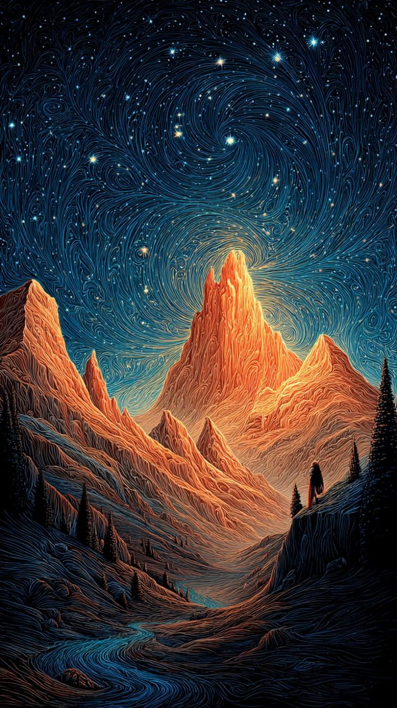 Montagnes etoiles galaxie nature air coucher soleil nuages arbres riviere vallee rochers falaises ombres nuit ciel Scène de nuit sereine avec un vaste paysage montagneux sous un ciel étoilé. Les montagnes sont peintes dans des tons chauds et terreux, avec des nuances d'orange et de brun, créant un sentiment de profondeur et de texture. Le ciel est d'un bleu profond et sombre, orné d'innombrables étoiles qui scintillent doucement, donnant l'impression d'un ciel nocturne en mouvement. Au premier plan, un fleuve sinueux reflète les étoiles, ajoutant une touche de bleu à la scène. Dans le coin inférieur droit, une silhouette solitaire est vue assise sur un rocher, regardant le ciel, ajoutant un élément humain au cadre vaste et naturel.