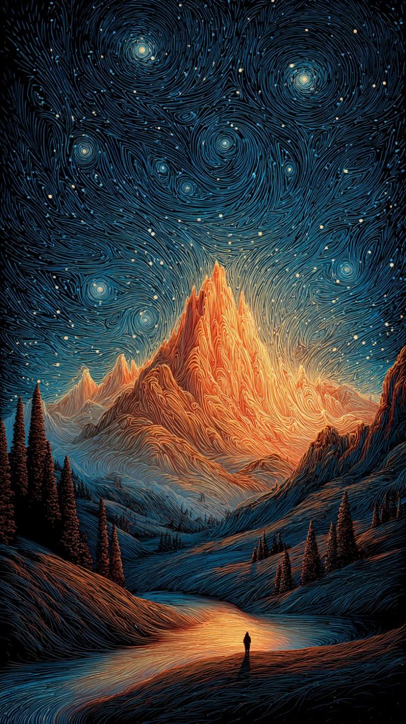 Mountain night sky stars trees water reflection dark painting colorful texture pattern valley range serene night scene with a vast, mountainous landscape under a star-filled sky. The mountains are bathed in warm, orange hues from the setting or rising sun, creating a dramatic contrast against the cool, deep blue of the night sky. The sky is filled with swirling patterns of stars, giving the impression of a galaxy or nebula. In the foreground, there is a silhouette of a person standing by a body of water, possibly a lake or river, which reflects the warm colors of the sky. The water is calm, and the surrounding area is dotted with tall, dark trees. The overall atmosphere is tranquil and awe-inspiring, capturing the majesty of nature under the night sky.