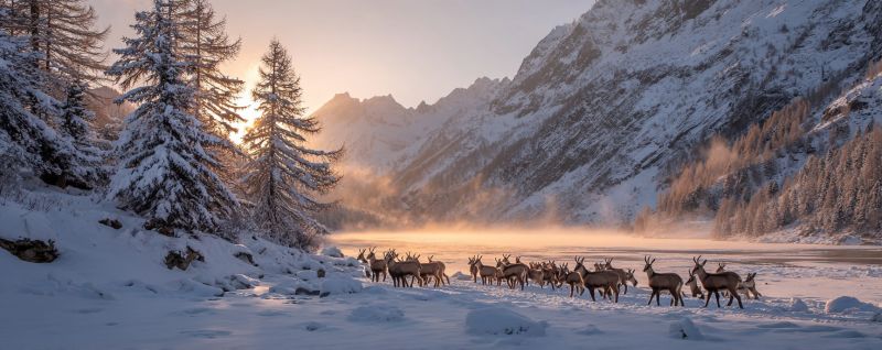Snow mountains wildlife deer winter nature forest trees sunrise mist cold frost herbivores migration habitat outdoors scenery environment In a serene winter landscape, a herd of reindeer moves across a snowy valley. The ground is blanketed with snow, and the trees, including tall evergreens, are dusted with white. The sky is a soft gradient of orange and pink, indicating the setting sun. In the background, snow-covered mountains rise majestically, their peaks catching the last light of the day. The air is crisp, and a gentle mist rises from the ground, adding to the tranquil atmosphere. The reindeer, with their elegant antlers, move in a line, their hooves crunching softly in the snow.