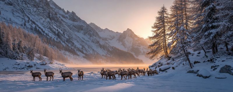 Snow mountain deer wildlife winter nature sunrise forest cold frost rock fog sky tree hill valley ice reflection water In a snowy landscape, a herd of deer is gathered near a rocky outcrop, with evergreen trees dusted in snow. The deer are standing in a line, facing the same direction, possibly towards the setting sun. The mountains in the background are covered in snow, and the sky is a soft, warm orange, indicating the sun is setting. The ground is blanketed in snow, and the trees are bare, with some still holding onto their needles. The scene is peaceful and serene, with the deer appearing calm and content.