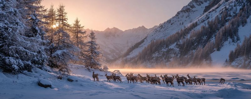 Snow mountains wildlife deer winter nature forest sunrise mist trees cold frost herd migration outdoors scenery valley In a snowy landscape, a herd of deer moves across a valley, their bodies covered in snow. The deer are of various sizes, with some appearing larger than others. The valley is surrounded by snow-covered mountains, with trees and shrubs also blanketed in snow. The sky is a soft orange, indicating the setting sun. The air is misty, and the ground is covered in a thick layer of snow. The deer seem to be moving in a single file, with some of them looking back as if they are aware of something behind them.