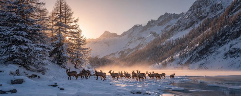 Neige montagnes cerfs faune hiver nature foret arbres lever soleil brume froid gel glace rochers eau reflet brouillard air Un troupeau de cerfs marche dans un paysage enneigé, avec des montagnes enneigées en arrière-plan. Les cerfs sont alignés, faisant face dans la même direction, et certains d'entre eux regardent quelque chose au loin. Les arbres sont couverts de neige, et le soleil se couche derrière les montagnes, projetant une lueur chaude sur la scène. La neige réfléchit la lumière, et les montagnes sont couvertes de neige.