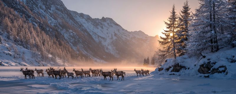 Neige montagne cerf faune hiver nature lever soleil brouillard glace rocher arbre ciel colline vallee gel froid troupeau alpin Dans un paysage hivernal serein, un troupeau de rennes est rassemblé sur un champ enneigé. Le sol est recouvert de neige, et l'air est vif et clair. Les rennes, avec leurs élégants bois, sont serrés les uns contre les autres, tournés dans la même direction. Derrière eux, une douce brume s'élève du sol, ajoutant une touche de mystère à la scène. Le soleil se couche au loin, projetant une lumière chaude et dorée sur les montagnes et les arbres enneigés. Les montagnes sont majestueuses, avec leurs sommets poudrés de neige, et les arbres sont dénudés, leurs branches s'étirant comme des doigts squelettiques. Le ciel est d'un orange profond, passant à un rose tendre, alors que le soleil disparaît sous l'horizon. L'atmosphère générale est paisible et tranquille, les rennes paraissant calmes et satisfaits dans leur environnement enneigé.