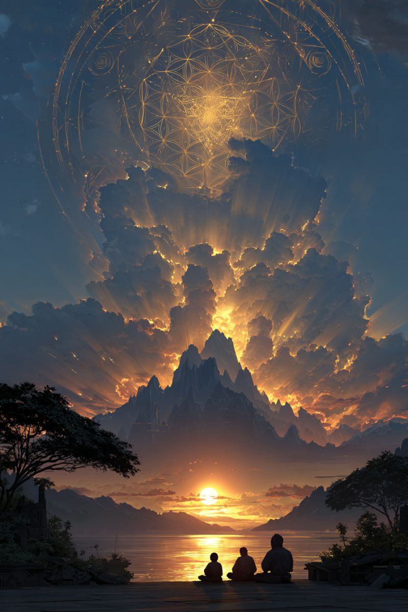 Sunset mountain cloud sky sun water tree people sitting beach ocean sea reflection nature evening horizon Three people sit on a wooden platform, gazing at a breathtaking sunset. The sun is partially hidden behind a large, golden cloud formation, casting warm, golden rays across the sky. In the background, a majestic mountain range is silhouetted against the vibrant sunset. The scene is framed by lush, green trees on either side, adding to the serene and picturesque atmosphere.